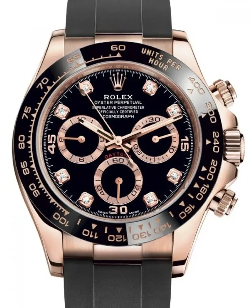 rolex daytona rose gold black diamond dial ceramic bezel oysterflex rubber bracelet 116515ln Welcome to our site. We sell Super Clone Rolex 1:1 replica watches right to your doorstep. We have excellent collection of Swiss Made Movement, solid 904L stainless steel, and a scratch-proof sapphire crystal. We assure you'll love our watches.