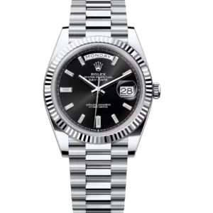 Rolex Day-Date 40 Oyster Perpetual platinum bright black, diamond-set dial fluted bezel President band Reference 228236