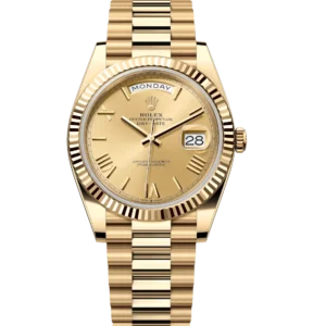 Rolex Day-Date 40 Oyster Perpetual 18 ct yellow gold champagne-colour dial fluted bezel President band Reference 228238