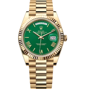 Rolex Day-Date 40 Oyster Perpetual 18 ct yellow gold green dial fluted bezel President band Reference 228238