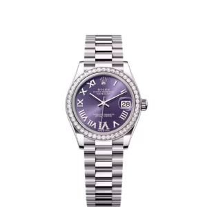 Oyster Perpetual Datejust 31 in 18 ct white gold features an aubergine, diamond-set dial and a President bracelet.