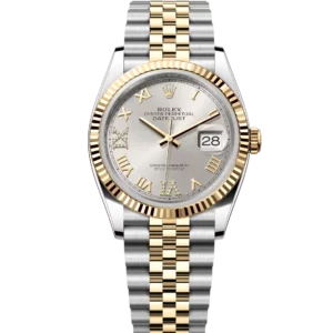 Rolex Datejust 36 Oyster Perpetual Oystersteel and yellow gold silver, diamond-set dial Jubilee band Reference 126233