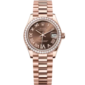 Rolex Datejust 31 Oyster Perpetual 18 ct Everose gold features a chocolate, diamond-set dial President band Reference 278285RBR