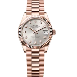 Rolex Datejust 31 Oyster Perpetual 18 ct Everose gold silver, diamond-set dial President band Reference 278275