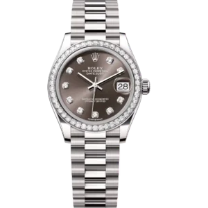 Rolex Lady-Datejust 28 Oyster Perpetual 18 ct white gold dark grey, diamond-set dial President band Reference 279139RBR