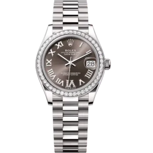 Rolex Datejust 31 Oyster Perpetual 18 ct white gold dark grey, diamond-set dial President band Reference 278289RBR