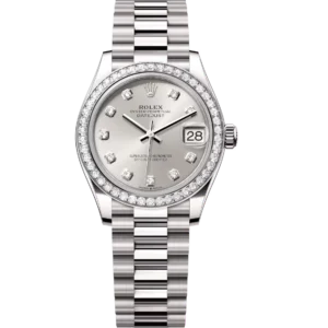 Rolex Datejust 31 Oyster Perpetual 18 ct white gold silver, diamond-set dial President band Reference 278289RBR