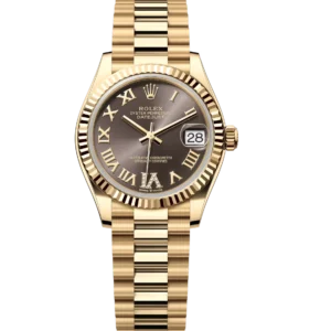 Rolex Datejust 31 Oyster Perpetual 18 ct yellow gold dark grey, diamond-set dial President band Reference 278278