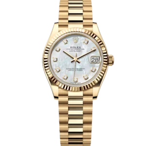 This Oyster Perpetual Datejust 31 in 18 ct yellow gold features a white mother-of-pearl, diamond-set dial and a President bracelet.