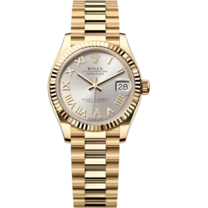 Rolex Datejust 31 Oyster Perpetual 18 ct yellow gold silver, diamond-set dial President band Reference 278278