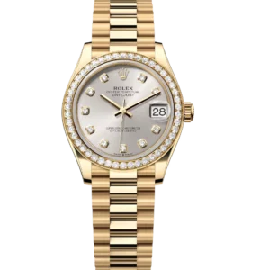 Rolex Datejust 31 Oyster Perpetual 18 ct yellow gold silver, diamond-set dial President band Reference 278288RBR