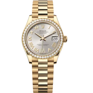 Rolex Datejust 31 Oyster Perpetual 18 ct yellow gold silver, diamond-set dial President band Reference 278288RBR