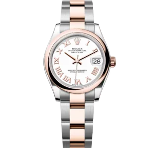 This Oyster Perpetual Datejust 31 in Oystersteel and Everose gold features a white dial and an Oyster bracelet.