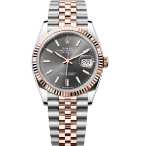 This Oyster Perpetual Datejust 31, 36 in Oystersteel and Everose gold features a slate dial and a Jubilee band.