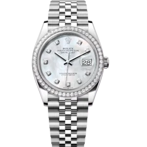 This Oyster Perpetual Datejust 31, 36 in Oystersteel and white gold features a white mother-of-pearl, diamond-set dial and a Jubilee band.