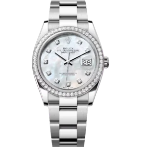 This Oyster Perpetual Datejust 31, 36 in Oystersteel and white gold features a white mother-of-pearl, diamond-set dial and an Oyster band.