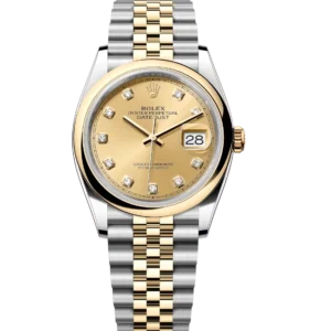 Rolex Datejust 36 Oyster Perpetual Oystersteel and yellow gold champagne colour, diamond-set dial Jubilee band Reference 126203