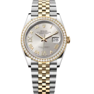 Rolex Datejust 36 Oyster Perpetual Oystersteel and yellow gold silver, diamond-set dial Jubilee band Reference 126283RBR