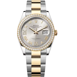 Rolex Datejust 36 Oyster Perpetual Oystersteel and yellow gold silver, diamond-set dial Oyster band Reference 126283RBR