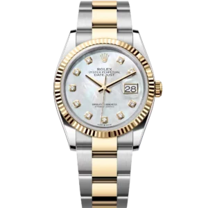 This Oyster Perpetual Datejust 31, 36 in Oystersteel and yellow gold features a white mother-of-pearl, diamond-set dial and an Oyster bracelet.