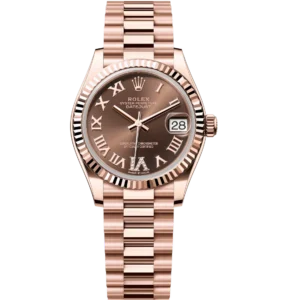 Rolex Datejust 31 Oyster Perpetual 18 ct Everose gold chocolate, diamond-set dial President band Reference 278275