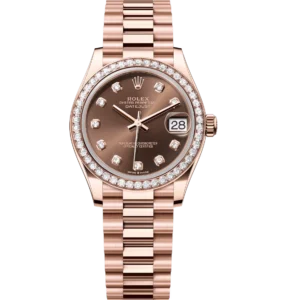 Rolex Datejust 31 Oyster Perpetual 18 ct Everose gold chocolate, diamond-set dial President band Reference 278285RBR