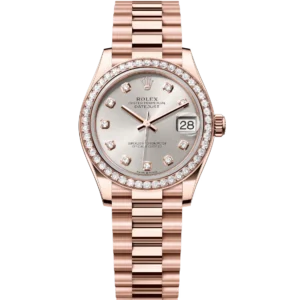 This Oyster Perpetual Datejust 31 in 18 ct Everose gold features a silver, diamond-set dial and a President band.