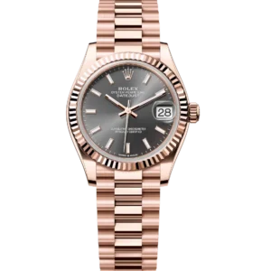 This Oyster Perpetual Datejust 31 in 18 ct Everose gold features a slate dial and a President band.