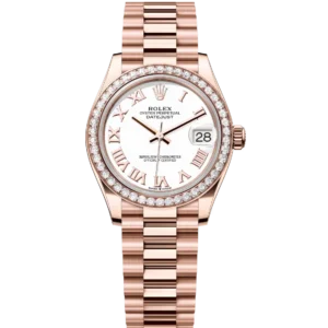 This Oyster Perpetual Datejust 31 in 18 ct Everose gold features a white dial and a President band.