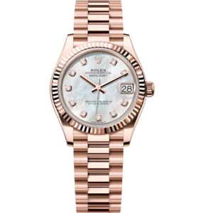 Rolex Datejust 31 Oyster Perpetual 18 ct Everose gold white mother-of-pearl, diamond-set dial President band Reference 278275