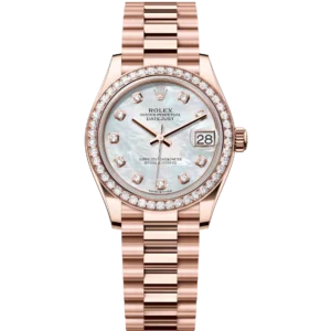 This Oyster Perpetual Datejust 31 in 18 ct Everose gold features a white mother-of-pearl, diamond-set dial and a President band.