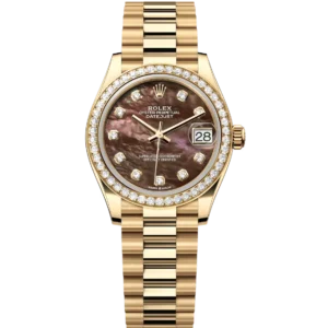 This Oyster Perpetual Datejust 31 in 18 ct yellow gold features a black mother-of-pearl, diamond-set dial and a President band.
