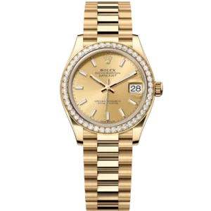This Oyster Perpetual Datejust 31 in 18 ct yellow gold features a champagne-colour dial and a President band.