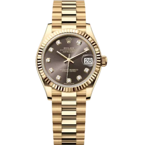 This Oyster Perpetual Datejust 31 in 18 ct yellow gold features a dark grey, diamond-set dial and a President band.