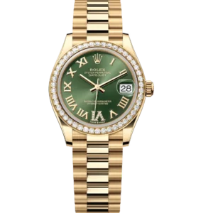 Rolex Datejust 31 Oyster Perpetual 18 ct yellow gold olive-green, diamond-set dial President band Reference 278288RBR