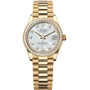 This Oyster Perpetual Datejust 31 in 18 ct yellow gold features a white mother-of-pearl, diamond-set dial and a President band.