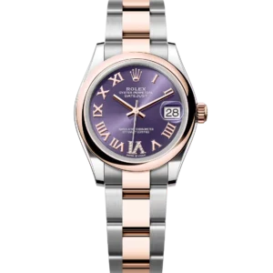 This Oyster Perpetual Datejust 31 in Oystersteel and Everose gold features an aubergine, diamond-set dial and an Oyster band.