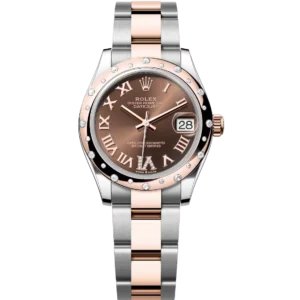 This Oyster Perpetual Datejust 31 in Oystersteel and Everose gold features a chocolate, diamond-set dial and an Oyster band.