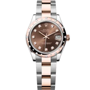 This Oyster Perpetual Datejust 31 in Oystersteel and Everose gold features a chocolate, diamond-set dial and an Oyster band.