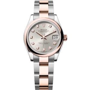 This Oyster Perpetual Datejust 31 in Oystersteel and Everose gold features a silver, diamond-set dial and an Oyster band.