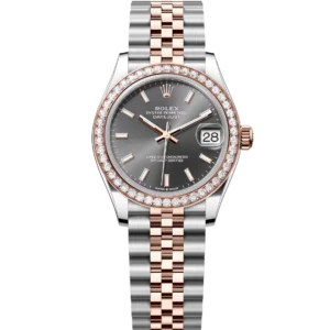 This Oyster Perpetual Datejust 31 in Oystersteel and Everose gold features a slate dial and a Jubilee band.