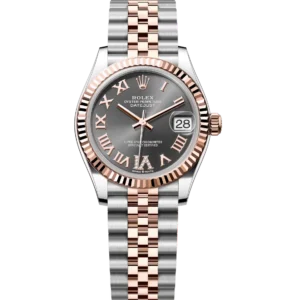 This Oyster Perpetual Datejust 31 in Oystersteel and Everose gold features a slate, diamond-set dial and a Jubilee band.