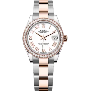 This Oyster Perpetual Datejust 31 in Oystersteel and Everose gold features a white dial and an Oyster band.