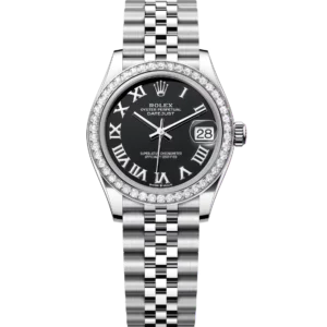 This Oyster Perpetual Datejust 31 in Oystersteel and white gold features a bright black dial and a Jubilee band.