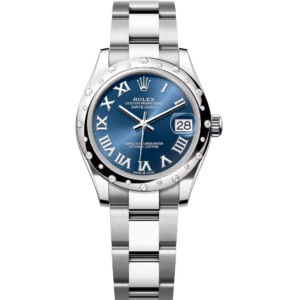 This Oyster Perpetual Datejust 31 in Oystersteel and white gold features a bright blue dial and an Oyster band.