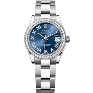 This Oyster Perpetual Datejust 31 in Oystersteel and white gold features a bright blue dial and an Oyster band.