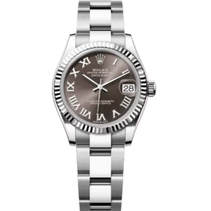This Oyster Perpetual Datejust 31 in Oystersteel and white gold features a dark grey dial and an Oyster band.