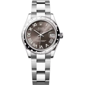 This Oyster Perpetual Datejust 31 in Oystersteel and white gold features a dark grey dial and an Oyster band.