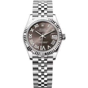This Oyster Perpetual Datejust 31 in Oystersteel and white gold features a dark grey, diamond-set dial and a Jubilee band.