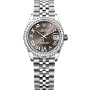 This Oyster Perpetual Datejust 31 in Oystersteel and white gold features a dark grey, diamond-set dial and a Jubilee band.